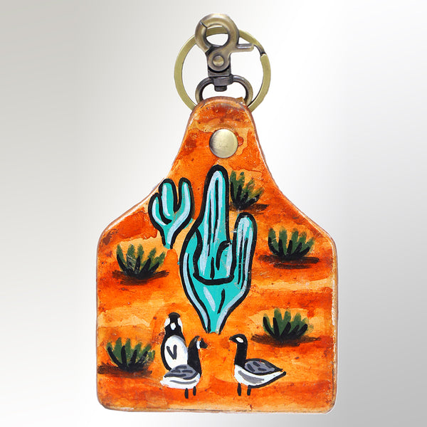 Leather keychain with painted desert cactus design - Uhorse