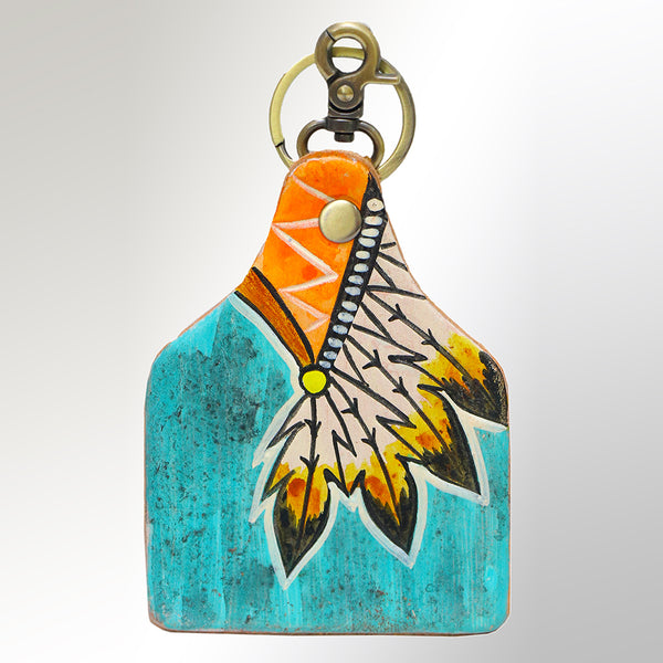 Turquoise leather keychain with painted floral design - Uhorse