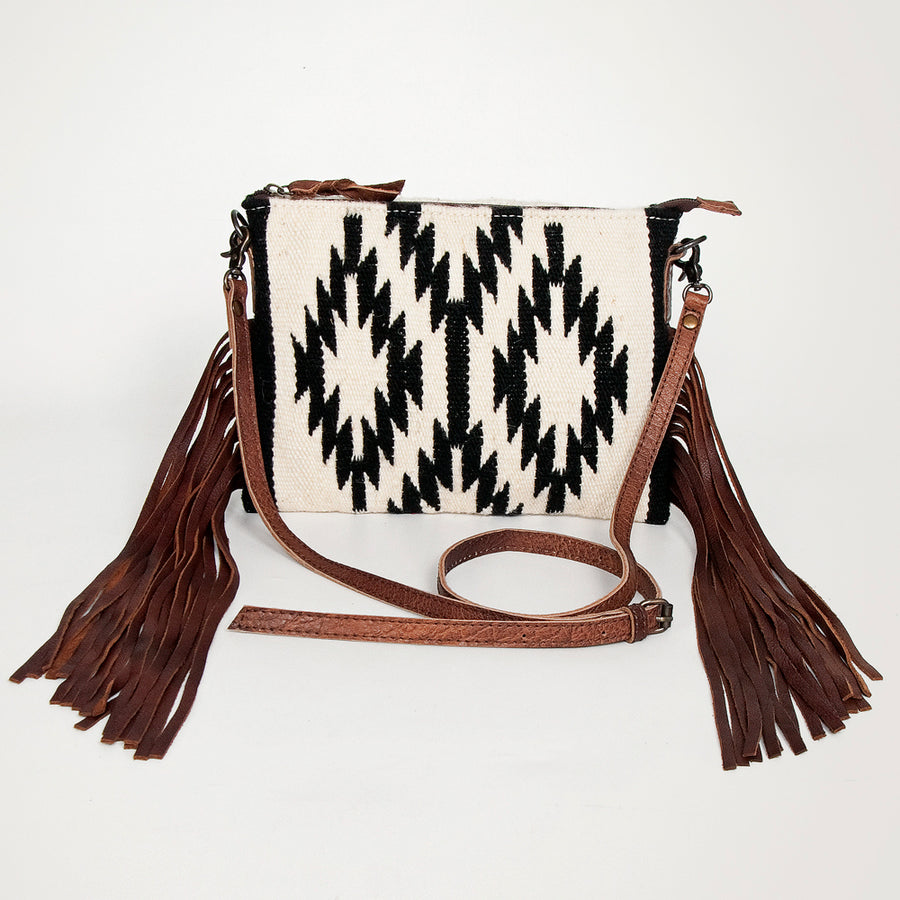 American Darling Western Cross body Bag Hand Tooled Floral Leather & Hand Woven Saddle Blanket with Fringes