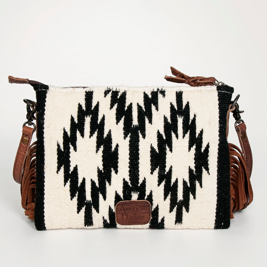 American Darling Western Cross body Bag Hand Tooled Floral Leather & Hand Woven Saddle Blanket with Fringes