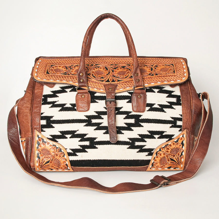 American Darling Duffel Bag Hand Tooled Floral Carved Hair-On Cowhide Genuine Vegetable Tanned Leather Travel Bag YKK Zipper