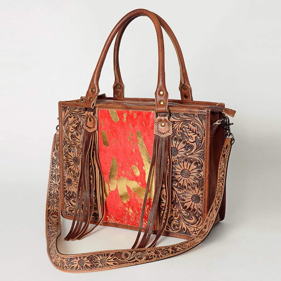 American Darling Western Tote Bag - Handcrafted Hair-On Cowhide and Hand-Tooled Leather - Uhorse