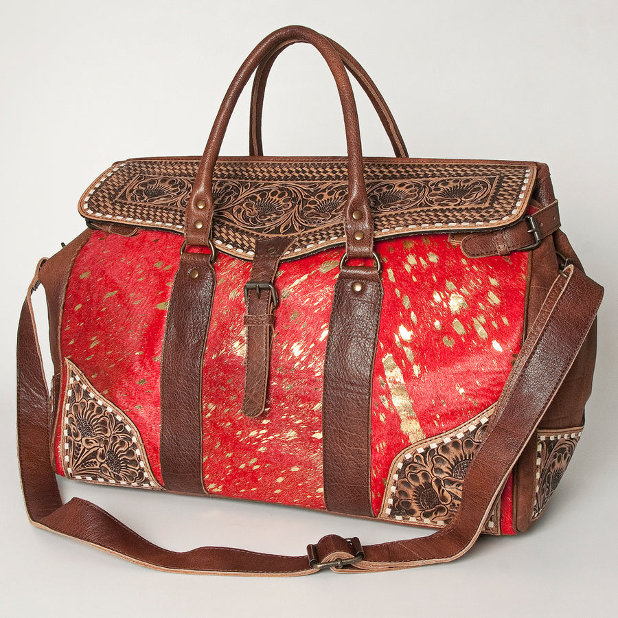American Darling Duffel Bag Hand Tooled Floral Carved Hair-On Cowhide Genuine Vegetable Tanned Leather Travel Bag YKK Zipper