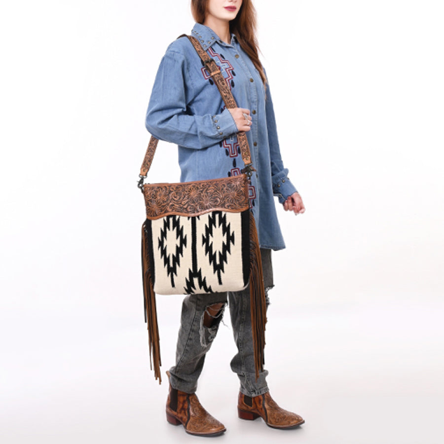 American Darling Signature Cross body Bag for Women, Hand Tooled Floral Leather & Woven Saddle Blanket, Western Fringed Purse