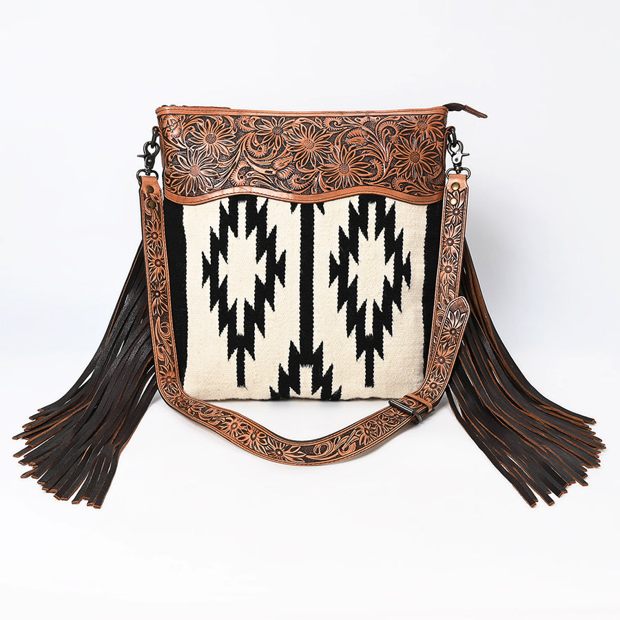 American Darling Signature Cross body Bag for Women, Hand Tooled Floral Leather & Woven Saddle Blanket, Western Fringed Purse