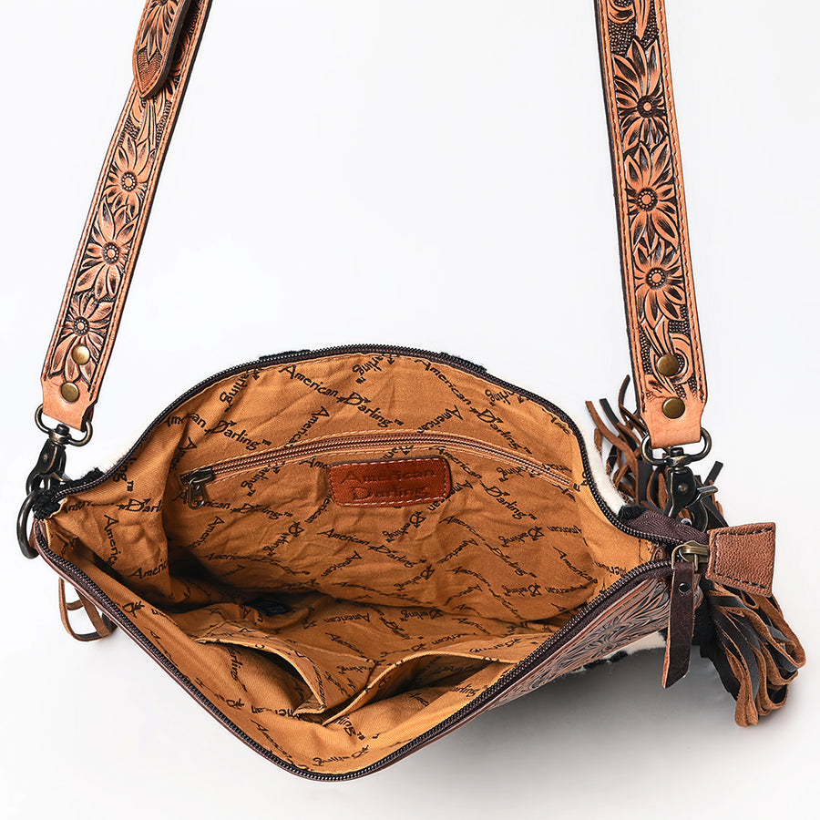 American Darling Signature Cross body Bag for Women, Hand Tooled Floral Leather & Woven Saddle Blanket, Western Fringed Purse