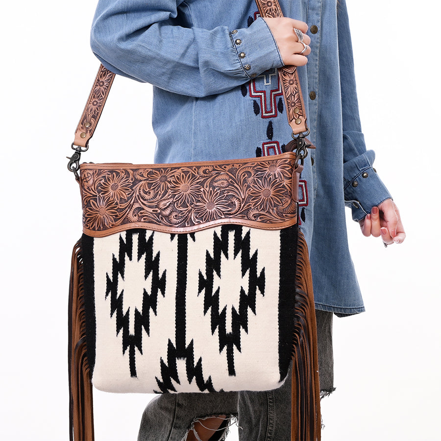American Darling Signature Cross body Bag for Women, Hand Tooled Floral Leather & Woven Saddle Blanket, Western Fringed Purse