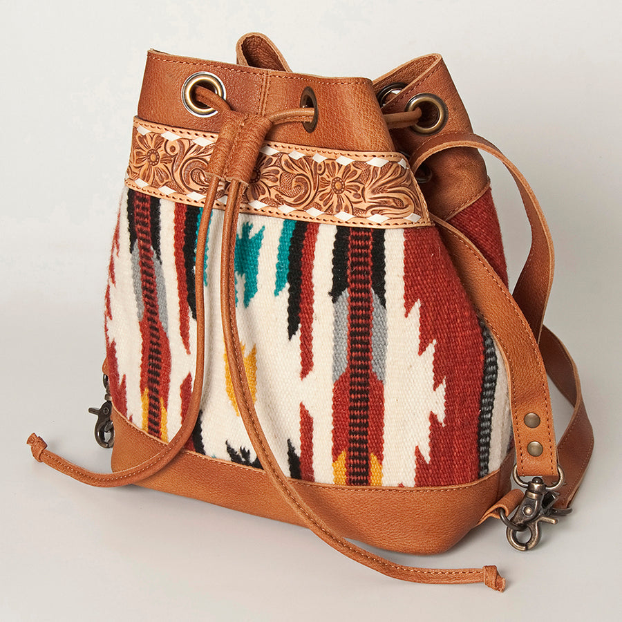 American Darling Hand Tooled Floral and Hand-Woven Saddle Blanket Leather Bucket Bag - Uhorse