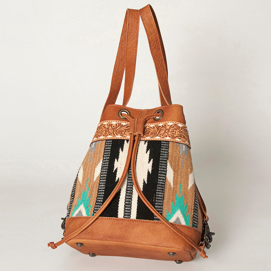 American Darling Bucket Bag for Women, Hand Tooled Floral Leather, Hand-Woven Saddle Blanket, Western Style Genuine Leather