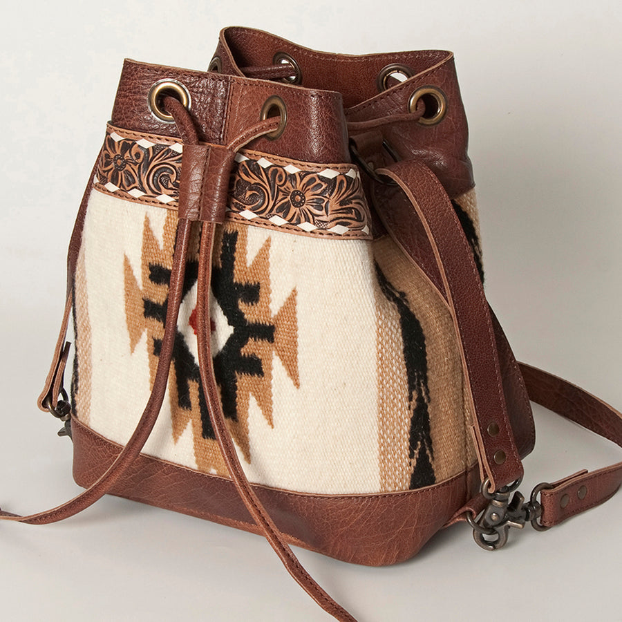 American Darling Hand Tooled Floral and Hand-Woven Saddle Blanket Leather Bucket Bag - Uhorse