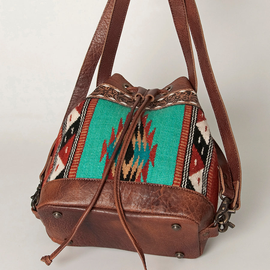 American Darling Bucket Bag for Women, Hand Tooled Floral Leather, Hand-Woven Saddle Blanket, Western Style Genuine Leather