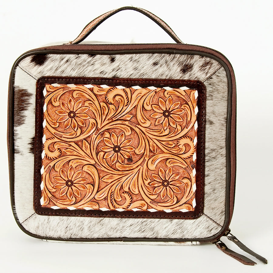 American Darling Genuine Leather Jewelry Case Hair-On Cowhide Floral Carved Tooled Travel Organizer Box with YKK Zipper