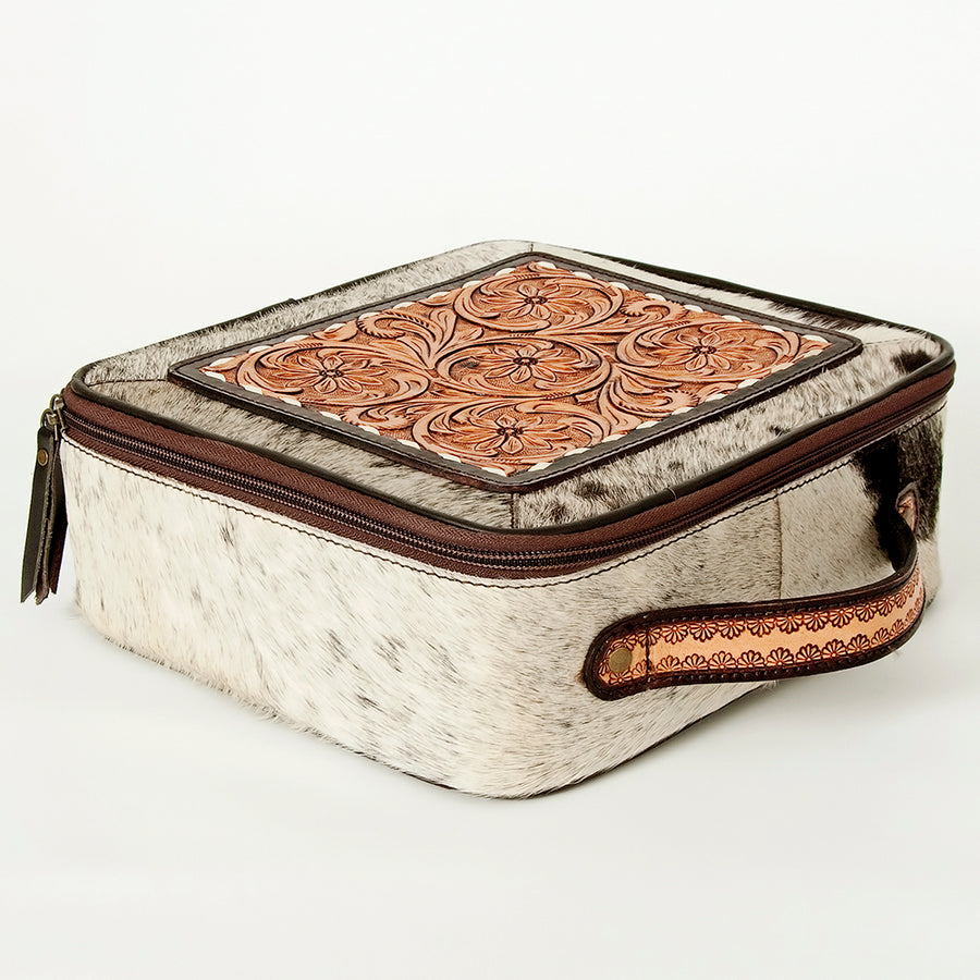 American Darling Genuine Leather Jewelry Case Hair-On Cowhide Floral Carved Tooled Travel Organizer Box with YKK Zipper