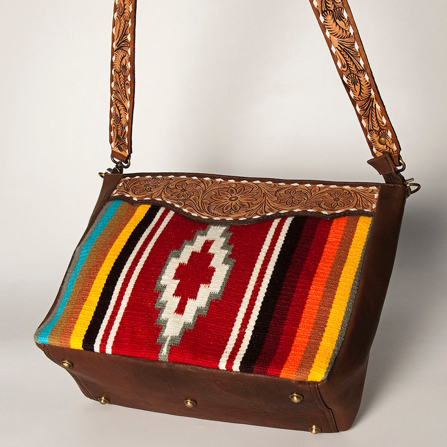 American Darling Women's Messenger Bag Hand Tooled Floral Carved Hand-Woven Saddle Blanket Vegetable-Tanned Genuine Leather