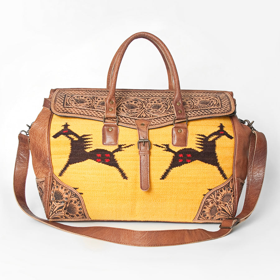American Darling Duffel Bag Hand Tooled Floral Carved Hair-On Cowhide Genuine Vegetable Tanned Leather Travel Bag YKK Zipper