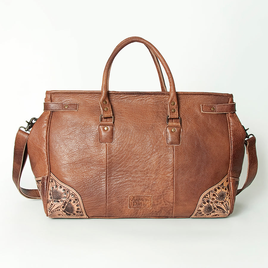 American Darling Duffel Bag Hand Tooled Floral Carved Hair-On Cowhide Genuine Vegetable Tanned Leather Travel Bag YKK Zipper
