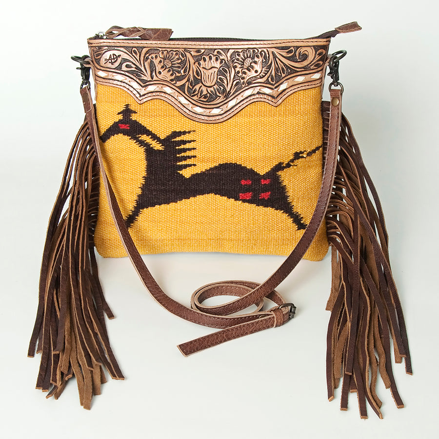 American Darling Western Cross body Bag Hand Tooled Floral Leather & Hand Woven Saddle Blanket with Fringes