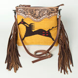 American Darling Western Cross body Bag Hand Tooled Floral Leather & Hand Woven Saddle Blanket with Fringes