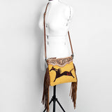 American Darling Western Cross body Bag Hand Tooled Floral Leather & Hand Woven Saddle Blanket with Fringes