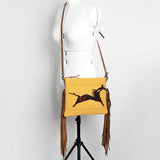 American Darling Western Cross body Bag Hand Tooled Floral Leather & Hand Woven Saddle Blanket with Fringes