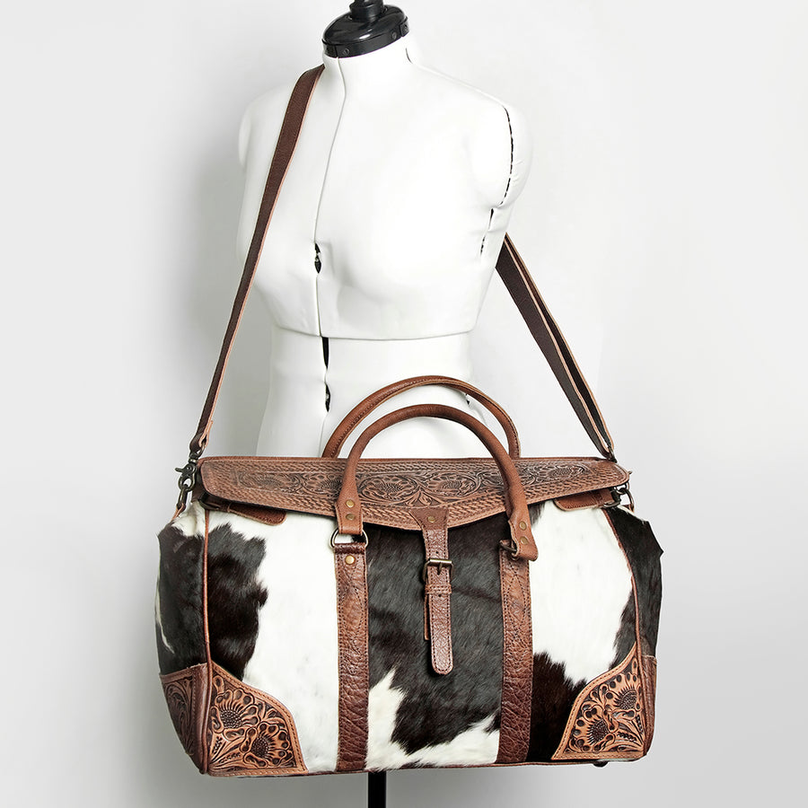 American Darling Duffel Bag Hand Tooled Floral Carved Hair-On Cowhide Genuine Vegetable Tanned Leather Travel Bag YKK Zipper
