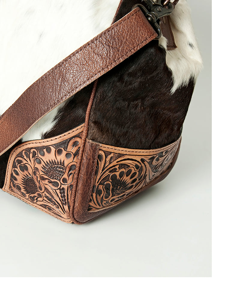 American Darling Duffel Bag Hand Tooled Floral Carved Hair-On Cowhide Genuine Vegetable Tanned Leather Travel Bag YKK Zipper