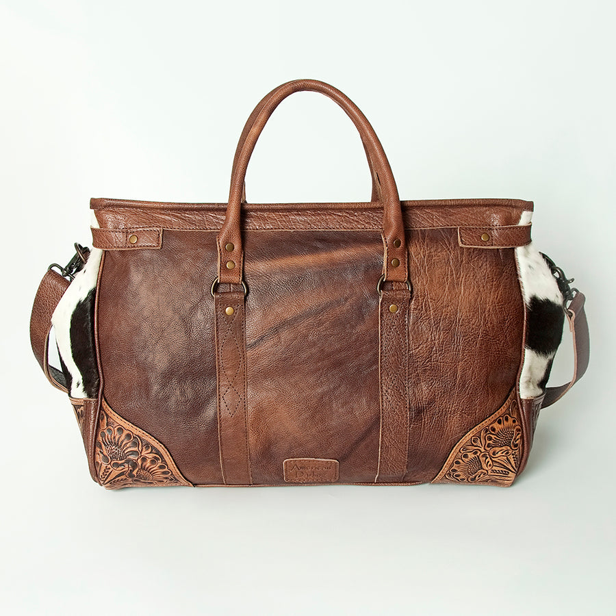 American Darling Duffel Bag Hand Tooled Floral Carved Hair-On Cowhide Genuine Vegetable Tanned Leather Travel Bag YKK Zipper