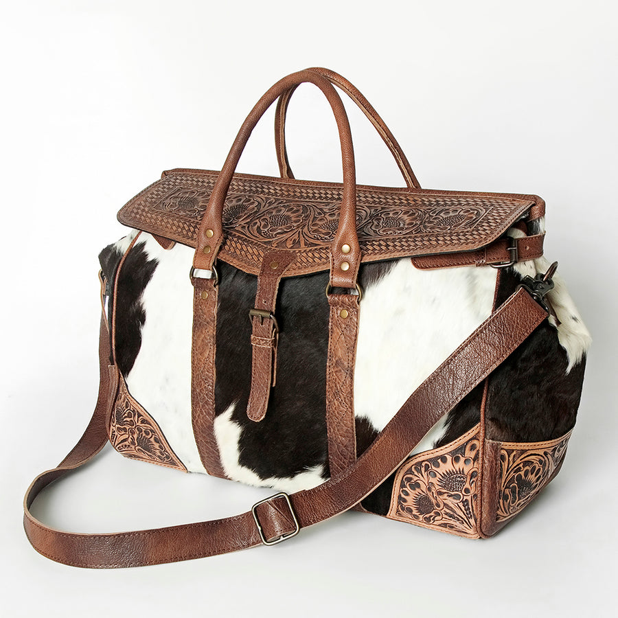 American Darling Hand Tooled Floral and Hair-On Cowhide Western Duffel Bag - Uhorse