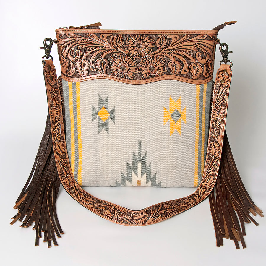 American Darling Signature Cross Body Bag Hand Tooled Floral Carved Leather Woven Saddle Blanket Fringes Genuine Leather