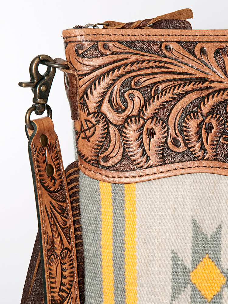 American Darling Signature Cross Body Bag Hand Tooled Floral Carved Leather Woven Saddle Blanket Fringes Genuine Leather