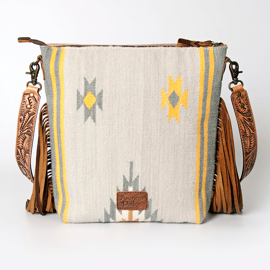 American Darling Signature Cross Body Bag Hand Tooled Floral Carved Leather Woven Saddle Blanket Fringes Genuine Leather