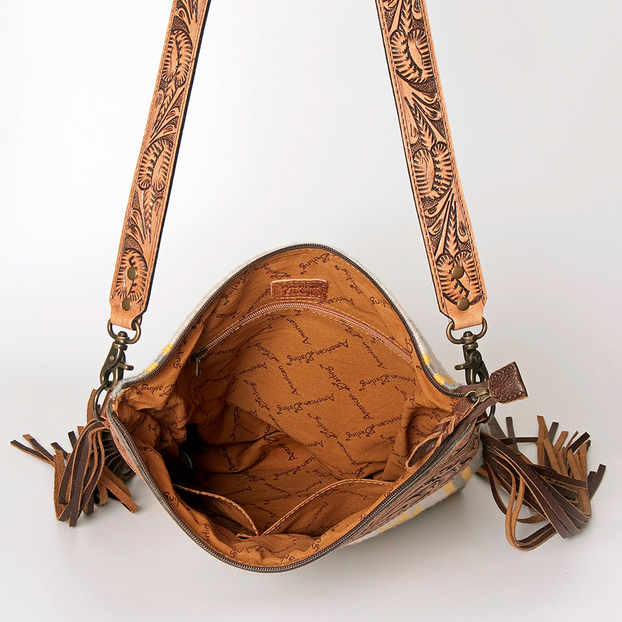 American Darling Signature Cross Body Bag Hand Tooled Floral Carved Leather Woven Saddle Blanket Fringes Genuine Leather