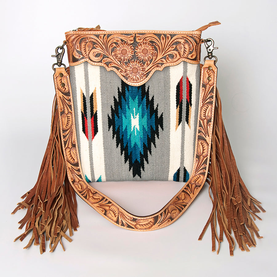 American Darling Large Cross body Bag, Hand Tooled Floral Leather, Hand Woven Saddle Blanket with Fringes, Western Crossbody