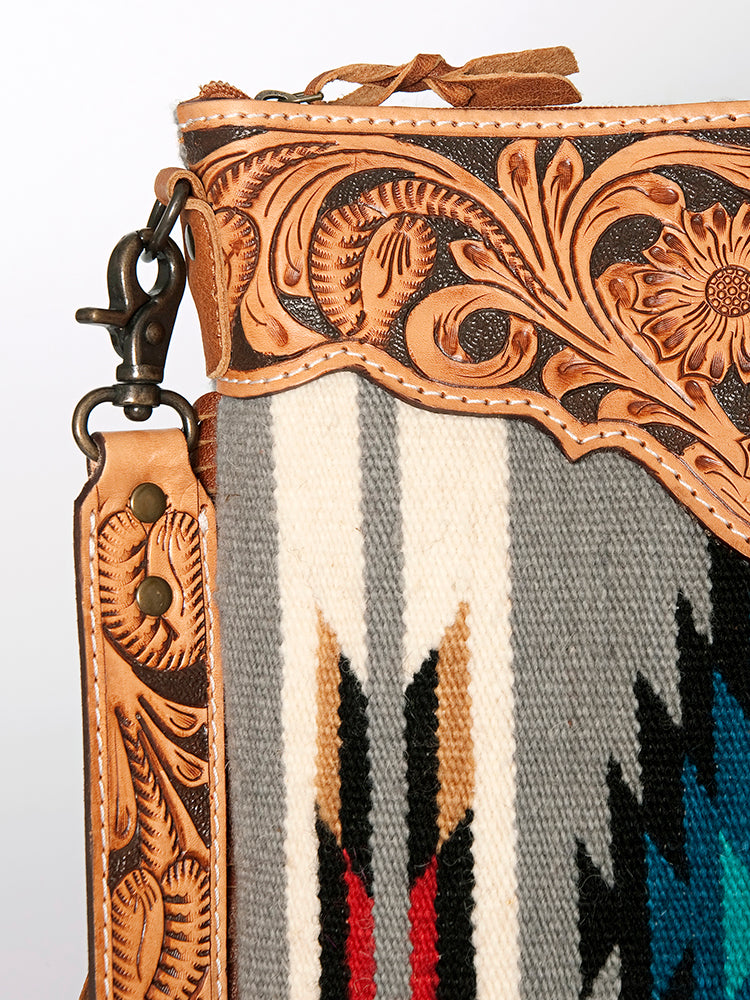 American Darling Large Cross body Bag, Hand Tooled Floral Leather, Hand Woven Saddle Blanket with Fringes, Western Crossbody