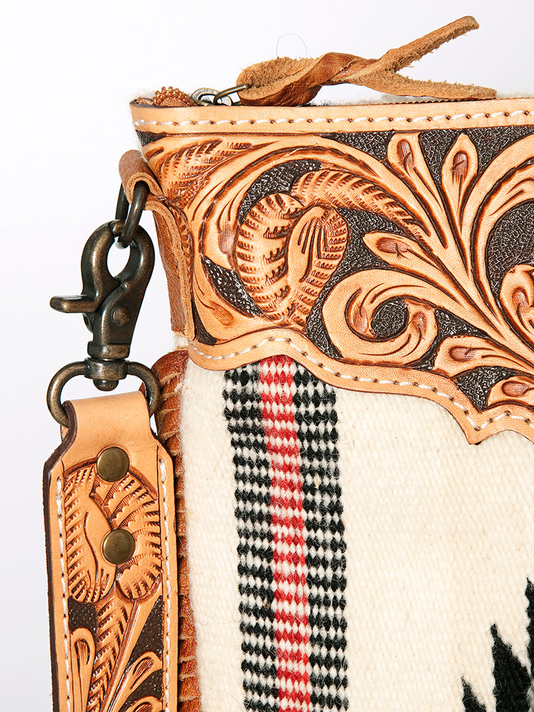 American Darling Large Cross body Bag, Hand Tooled Floral Leather, Hand Woven Saddle Blanket with Fringes, Western Crossbody