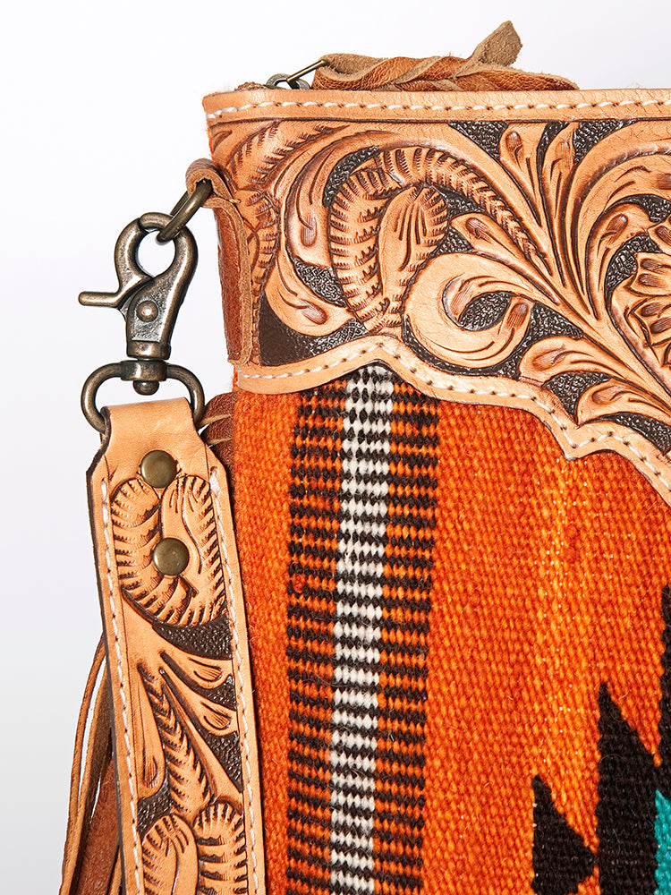 American Darling Large Cross body Bag, Hand Tooled Floral Leather, Hand Woven Saddle Blanket with Fringes, Western Crossbody