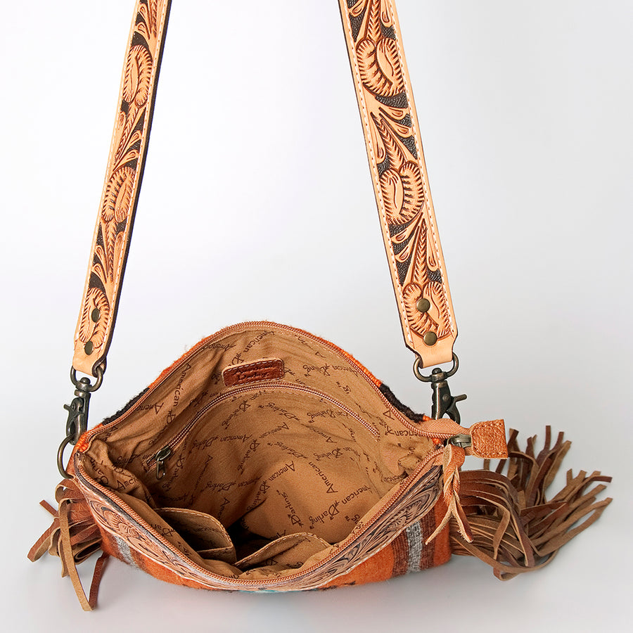 American Darling Large Cross body Bag, Hand Tooled Floral Leather, Hand Woven Saddle Blanket with Fringes, Western Crossbody