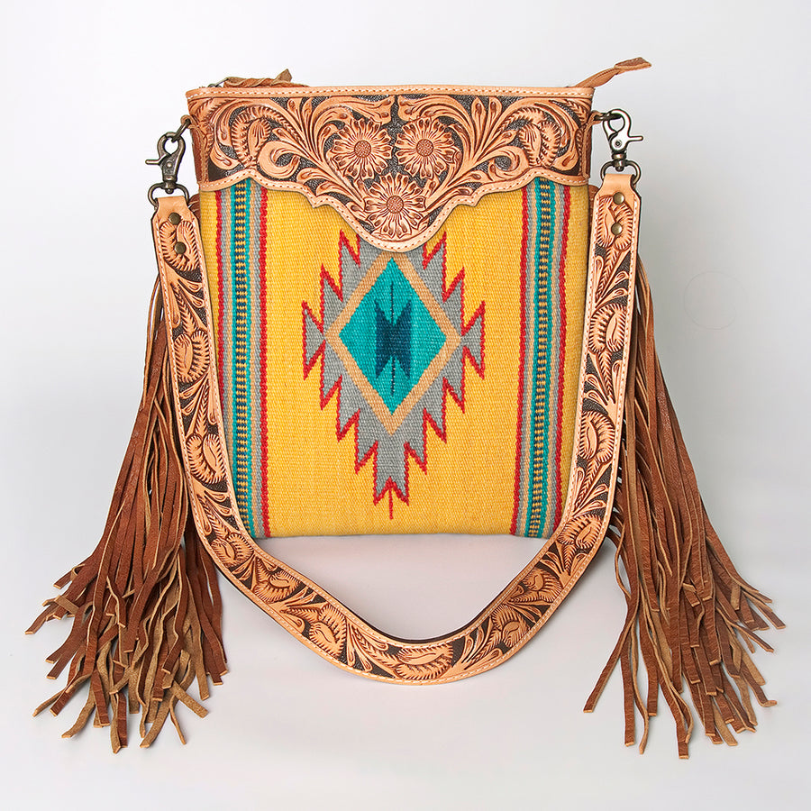 American Darling Large Cross body Bag, Hand Tooled Floral Leather, Hand Woven Saddle Blanket with Fringes, Western Crossbody