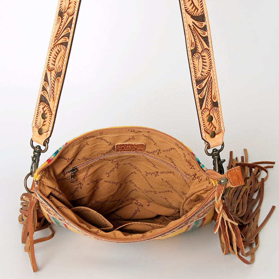 American Darling Large Cross body Bag, Hand Tooled Floral Leather, Hand Woven Saddle Blanket with Fringes, Western Crossbody
