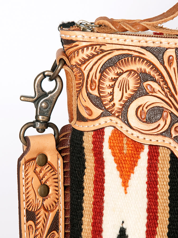American Darling Large Cross body Bag, Hand Tooled Floral Leather, Hand Woven Saddle Blanket with Fringes, Western Crossbody
