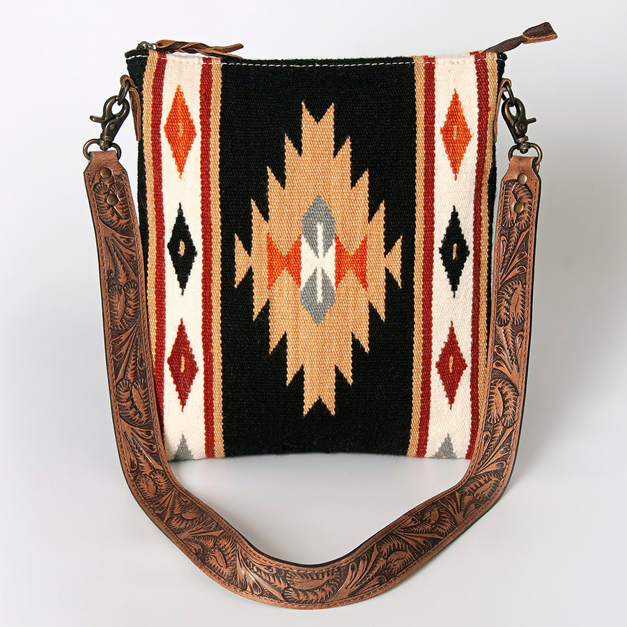American Darling Large Cross body Bag for Women, Hand Tooled Floral Leather, Hand Woven Saddle Blanket, Genuine Leather Purse