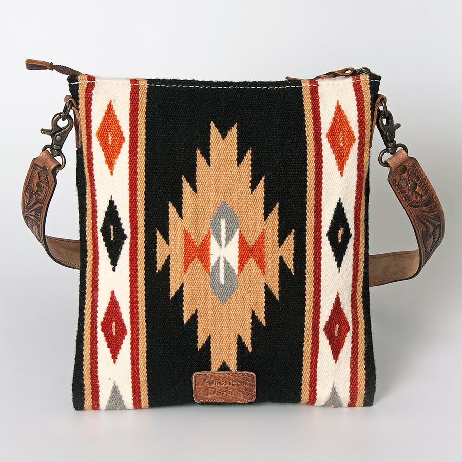 American Darling Large Cross body Bag for Women, Hand Tooled Floral Leather, Hand Woven Saddle Blanket, Genuine Leather Purse