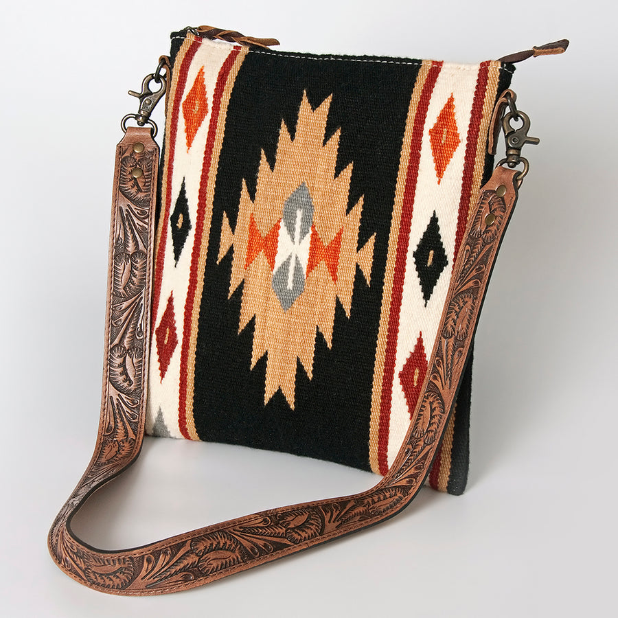 American Darling Hand Tooled and Hand Woven Saddle Blanket Large Cross body Bag - Uhorse
