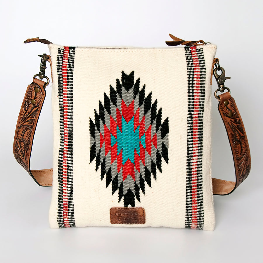 American Darling Large Cross body Bag for Women, Hand Tooled Floral Leather, Hand Woven Saddle Blanket, Genuine Leather Purse