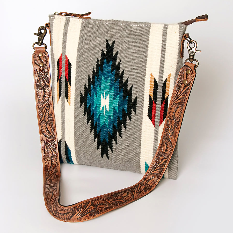 American Darling Hand Tooled and Hand Woven Saddle Blanket Large Cross body Bag - Uhorse