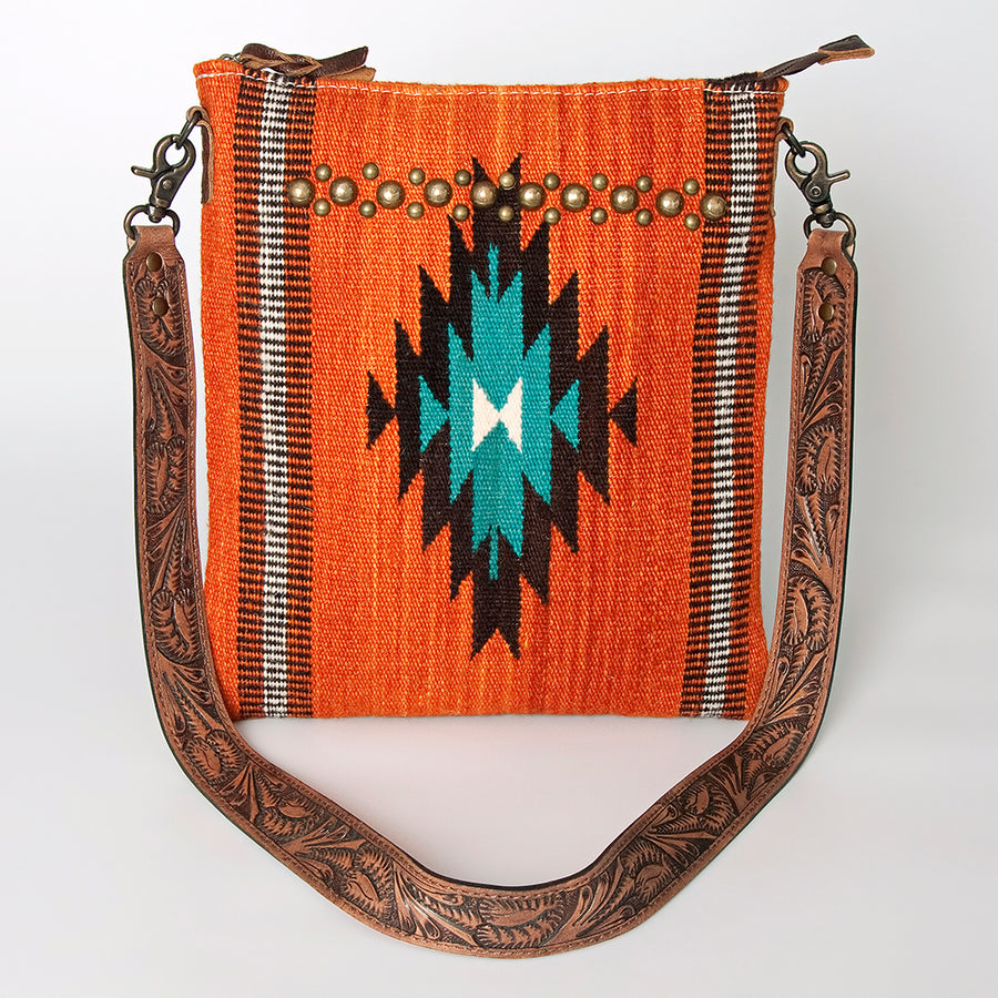 American Darling Large Cross body Bag for Women, Hand Tooled Leather & Woven Saddle Blanket, Western Style Genuine Leather