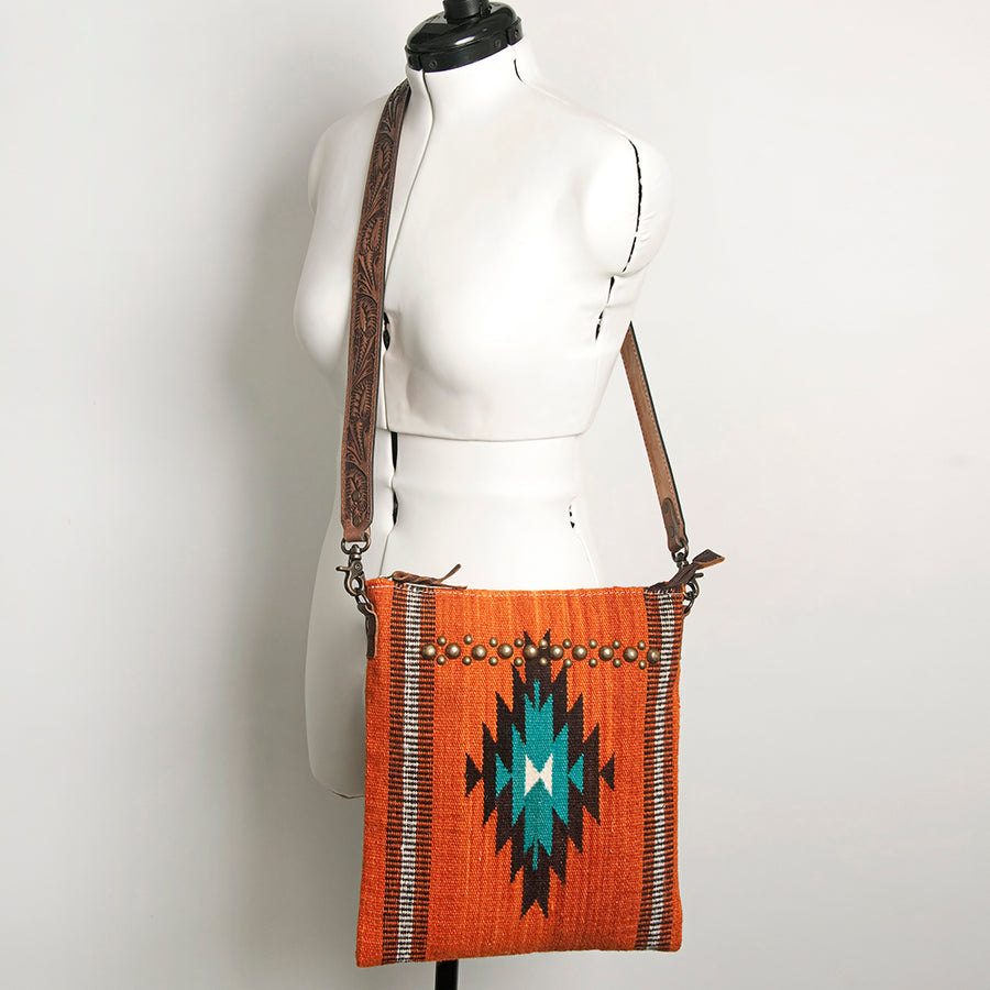 American Darling Large Cross body Bag for Women, Hand Tooled Leather & Woven Saddle Blanket, Western Style Genuine Leather