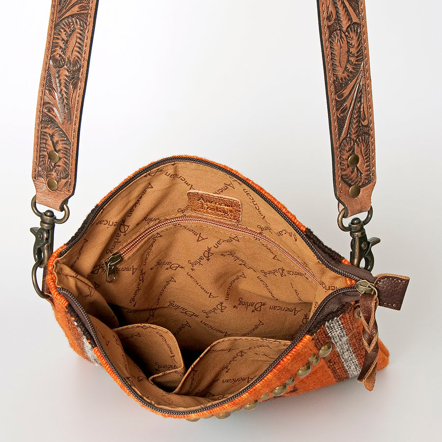 American Darling Large Cross body Bag for Women, Hand Tooled Leather & Woven Saddle Blanket, Western Style Genuine Leather