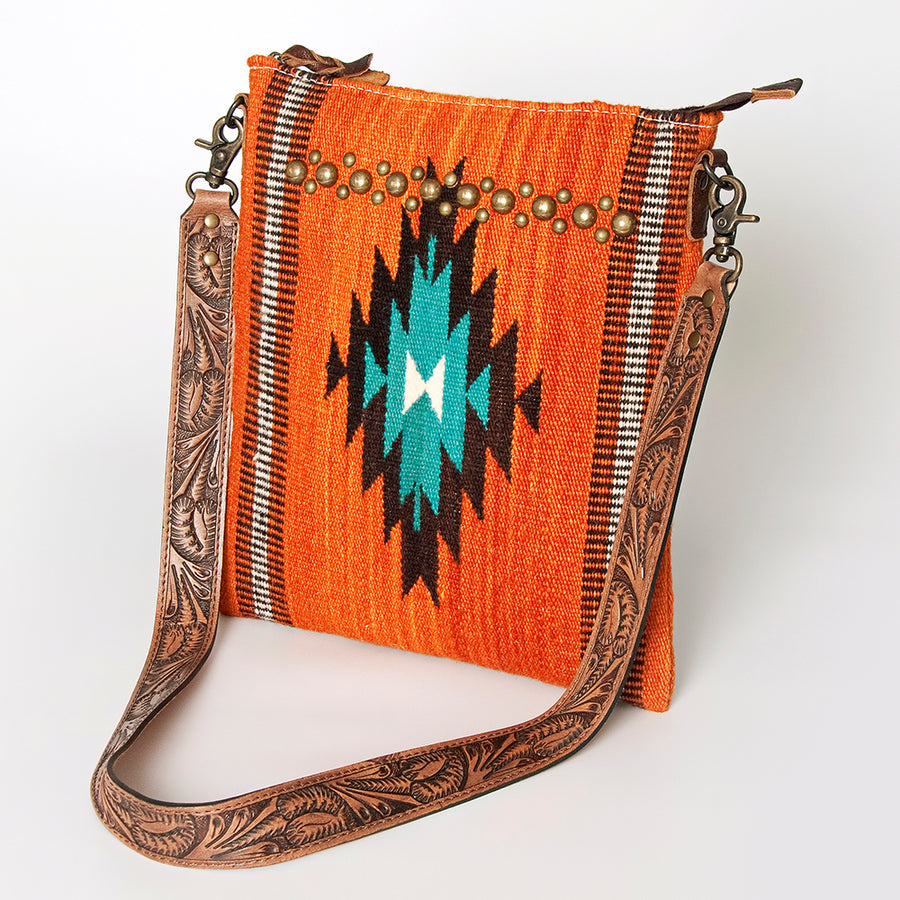 American Darling Hand Tooled and Hand Woven Saddle Blanket Large Cross body Bag - Uhorse