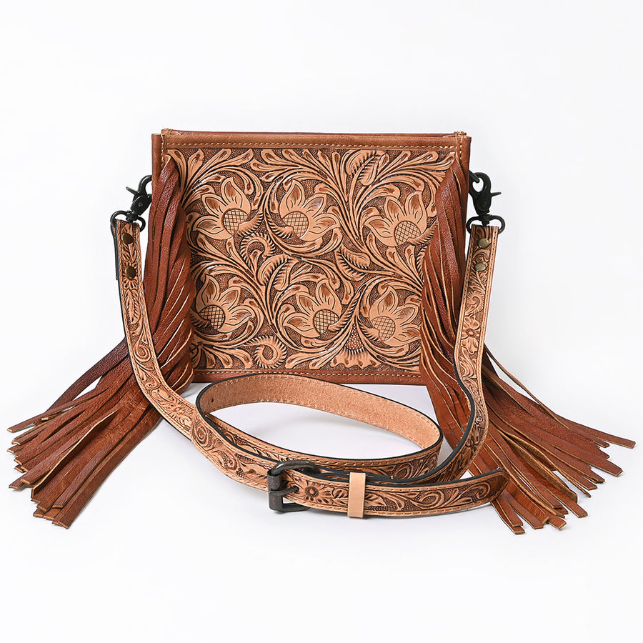 American Darling Messenger Bag Handcrafted from Hand Tooled Floral Carved Genuine Leather with Fringes and YKK Zipper